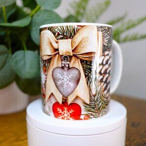 Handmade Christmas 12oz Mug, bows, ornaments, tree, holiday, cup, coffee, gift